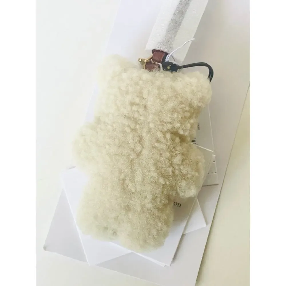 Coach Bear Puffy Bag Charm Teddy Shearling Leather Beige CDD52